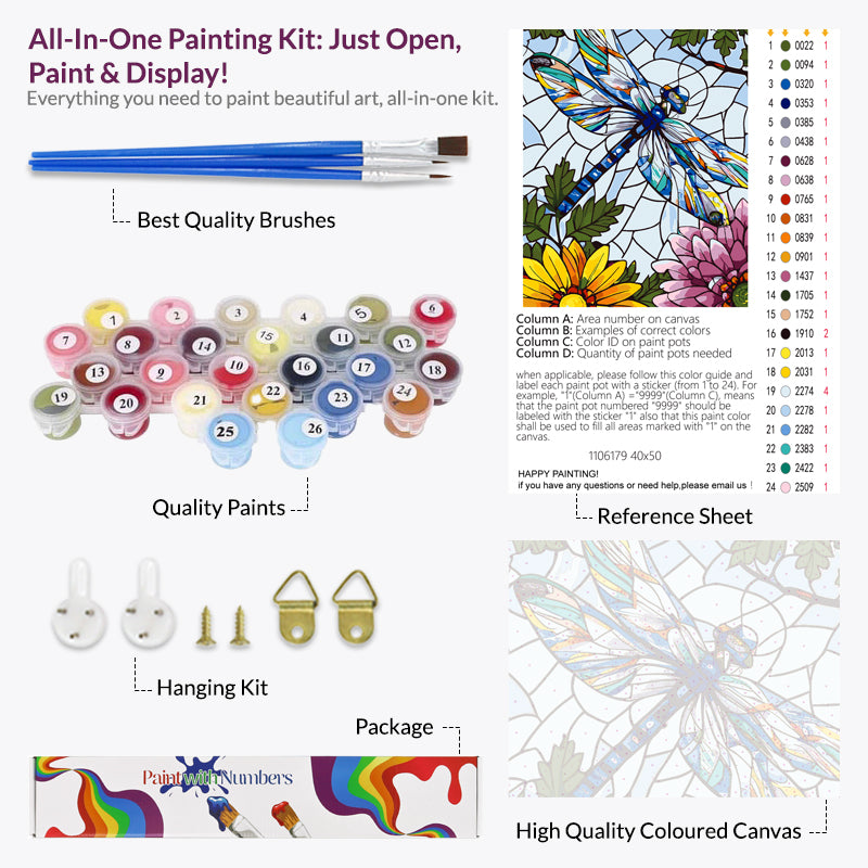 Stained Glass Dragonfly & Blossoms Paint by Numbers
